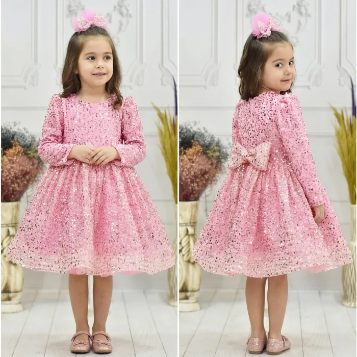 Kız Çocuk Pembe Boncuklu Payetli Kabarık Elbise