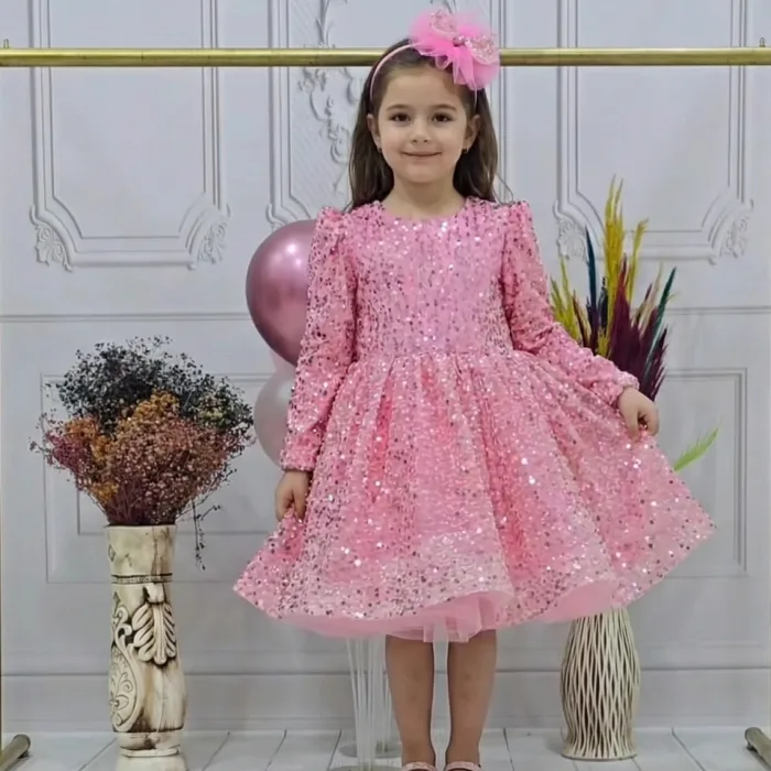 Kız Çocuk Pembe Boncuklu Payetli Kabarık Elbise
