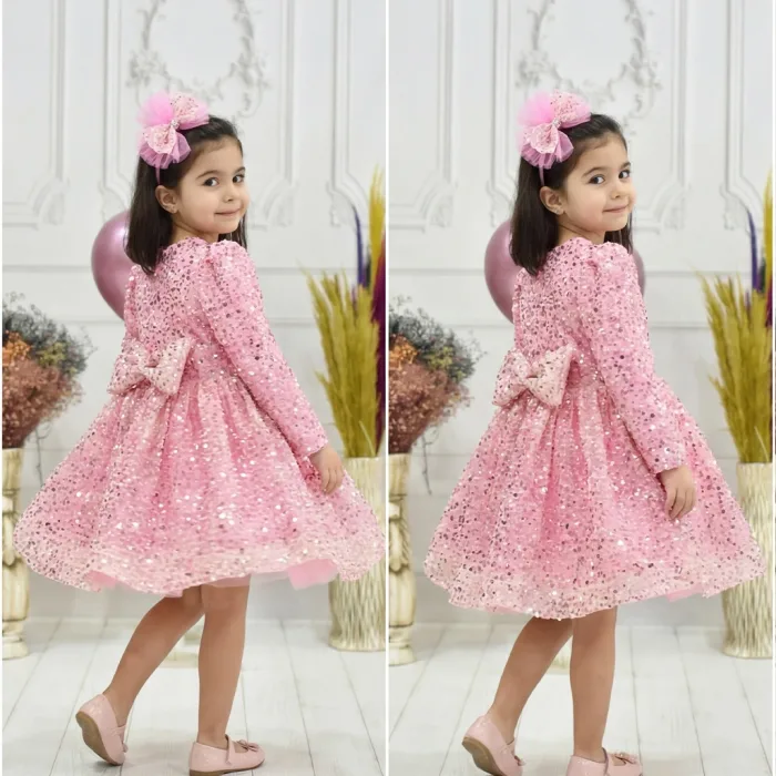 Kız Çocuk Pembe Boncuklu Payetli Kabarık Elbise