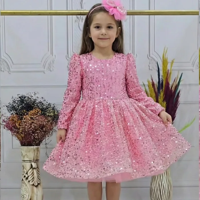 Kız Çocuk Pembe Boncuklu Payetli Kabarık Elbise