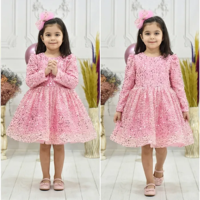 Kız Çocuk Pembe Boncuklu Payetli Kabarık Elbise