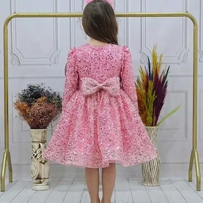 Kız Çocuk Pembe Boncuklu Payetli Kabarık Elbise
