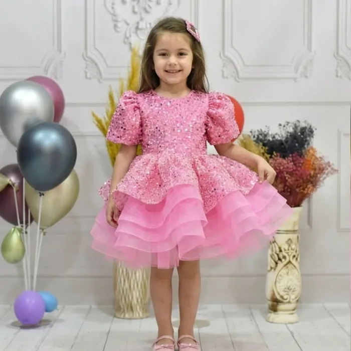Kız Çocuk Pembe Boncuklu Payetli Kabarık Kısa Balon Kol Elbise