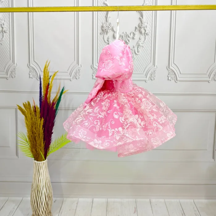 Kız Çocuk Pembe Çiçekli Parıltılı Kabarık Elbise
