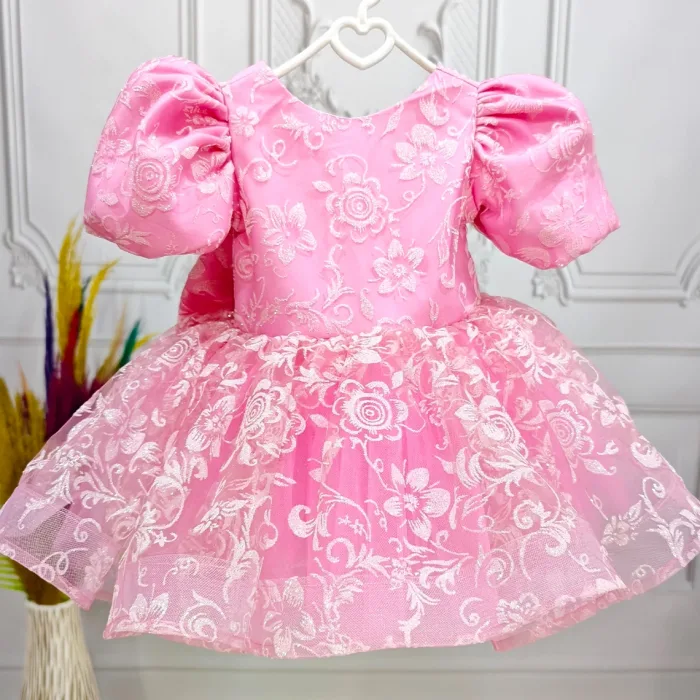 Kız Çocuk Pembe Çiçekli Parıltılı Kabarık Elbise
