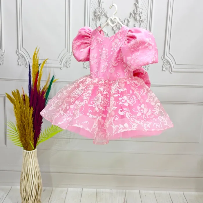 Kız Çocuk Pembe Çiçekli Parıltılı Kabarık Elbise