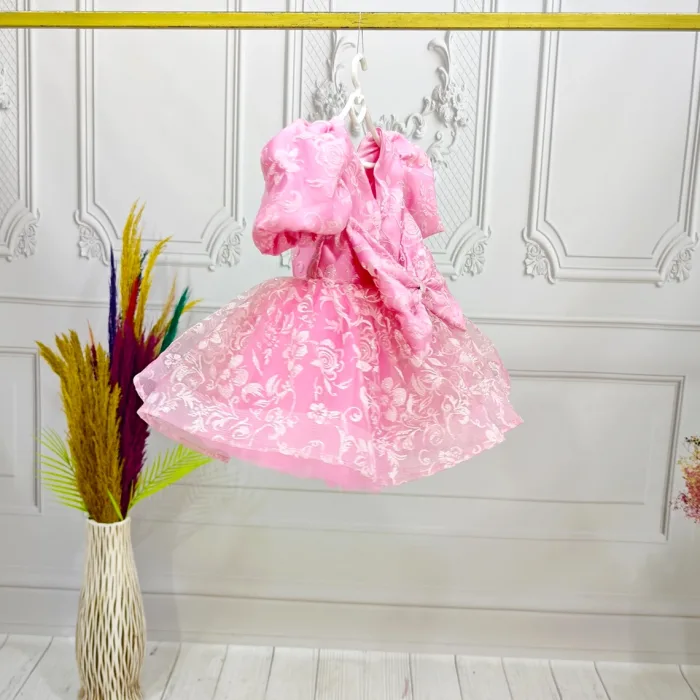 Kız Çocuk Pembe Çiçekli Parıltılı Kabarık Elbise