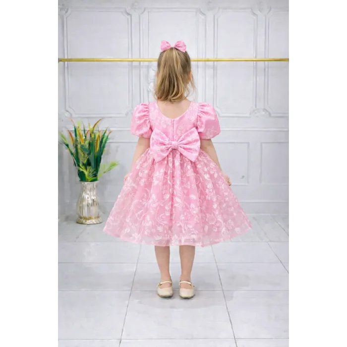 Kız Çocuk Pembe Çiçekli Parıltılı Kabarık Elbise