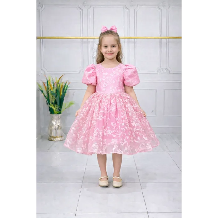 Kız Çocuk Pembe Çiçekli Parıltılı Kabarık Elbise