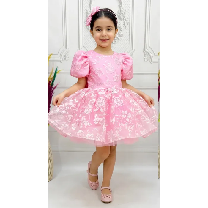 Kız Çocuk Pembe Çiçekli Parıltılı Kabarık Elbise