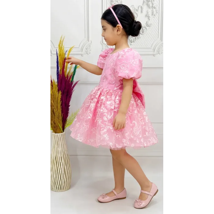 Kız Çocuk Pembe Çiçekli Parıltılı Kabarık Elbise
