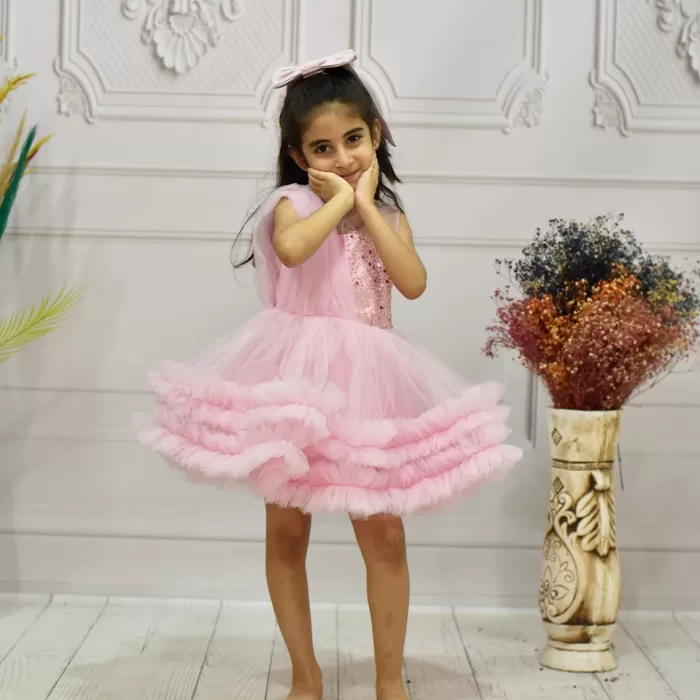 Kız Çocuk Pembe Büzgülü Kabarık Elbise Abiye Gelinlik