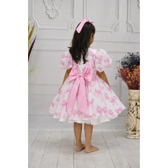Kız Çocuk Pembe Fiyonk Deseenli Kabarık Elbise Abiye Gelinlik
