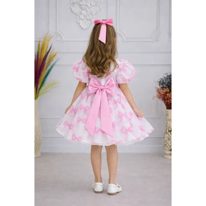 Kız Çocuk Pembe Fiyonk Deseenli Kabarık Elbise Abiye Gelinlik