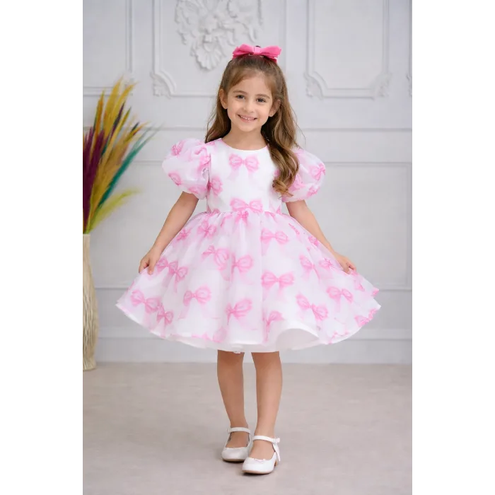 Kız Çocuk Pembe Fiyonk Deseenli Kabarık Elbise Abiye Gelinlik