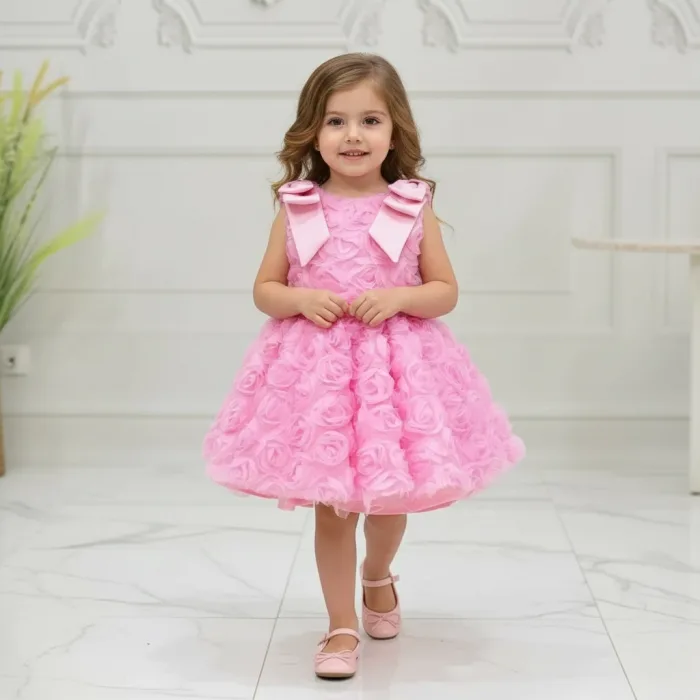 Kız Çocuk Pembe Gül 3D Kabarık Elbise Abiye Gelinlik