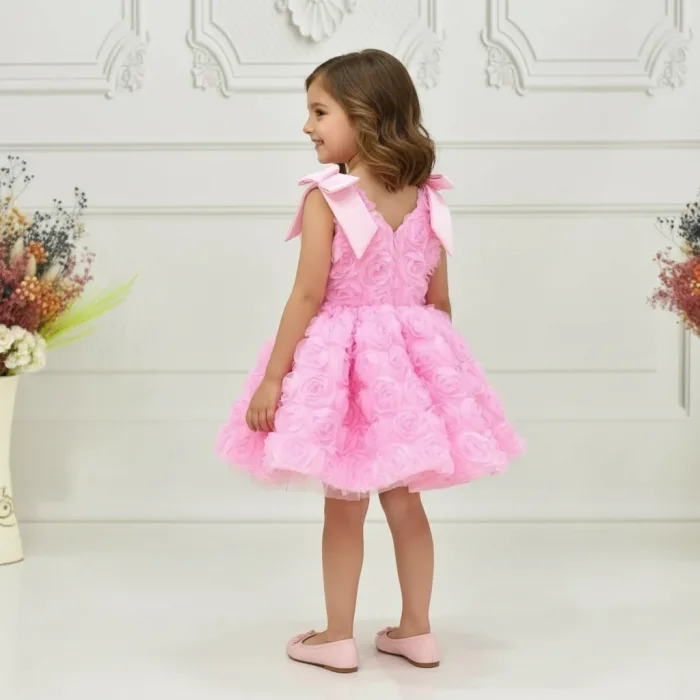 Kız Çocuk Pembe Gül 3D Kabarık Elbise Abiye Gelinlik