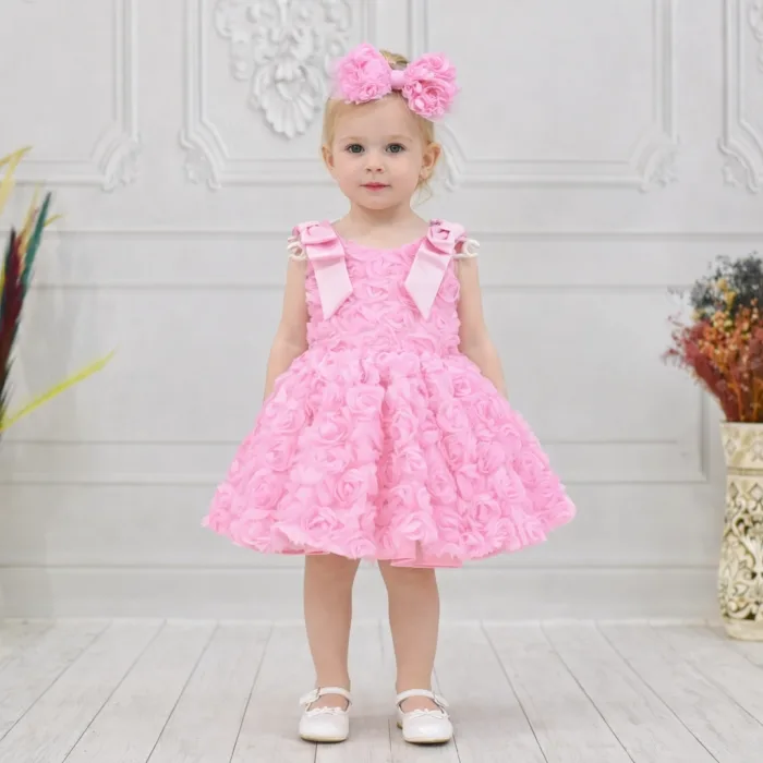 Kız Çocuk Pembe Gül 3D Kabarık Elbise Abiye Gelinlik