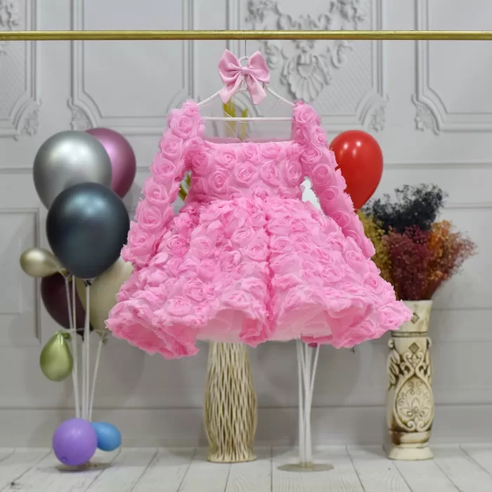 Kız Çocuk Pembe Şeffaf Gül Desenli Uzun Kol Kabarık Elbise