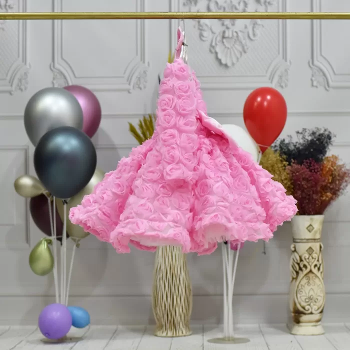 Kız Çocuk Pembe Şeffaf Gül Desenli Uzun Kol Kabarık Elbise