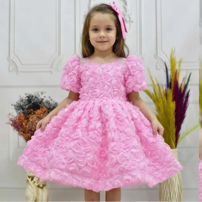 Kız Çocuk Pembe Gül Desenli Kısa Balon Kol Kabarık Elbise