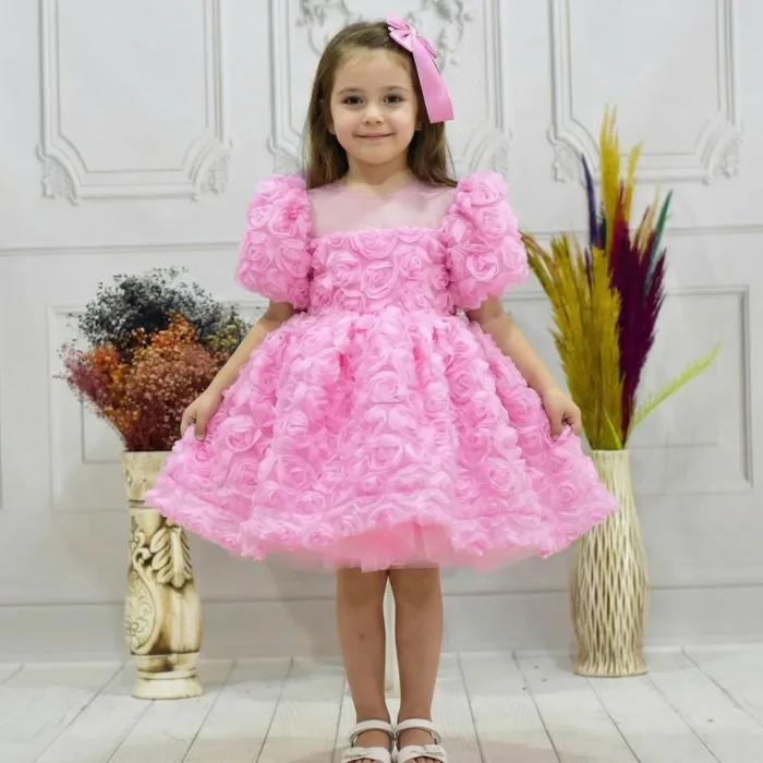 Kız Çocuk Pembe Gül Desenli Kısa Balon Kol Kabarık Elbise