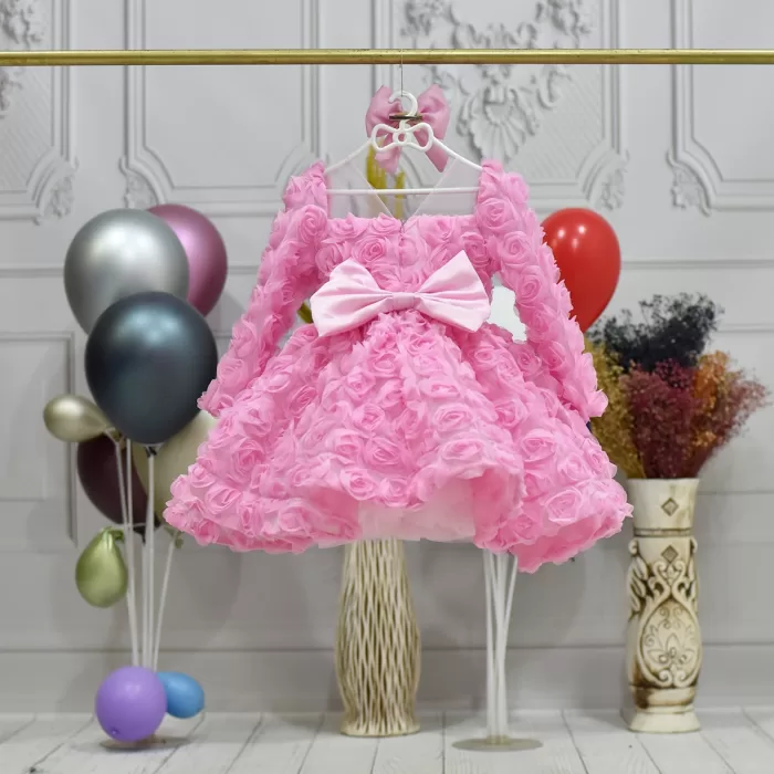 Kız Çocuk Pembe Şeffaf Gül Desenli Uzun Kol Kabarık Elbise