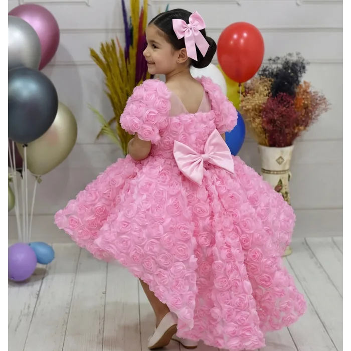 Kız Çocuk Pembe Gül Desenli Kuyruklu Kısa Kol Elbise Abiye