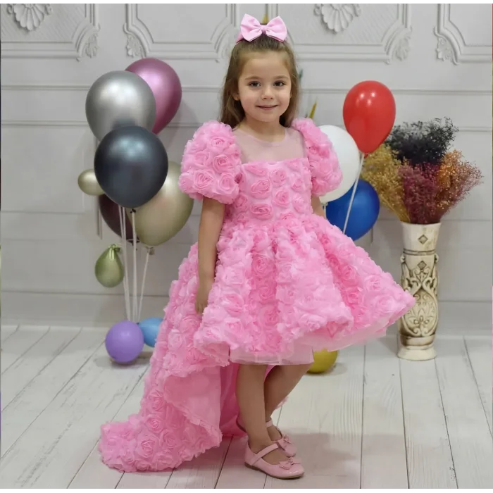 Kız Çocuk Pembe Gül Desenli Kuyruklu Kısa Kol Elbise Abiye