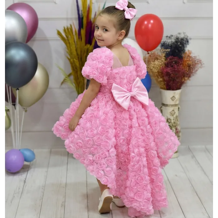 Kız Çocuk Pembe Gül Desenli Kuyruklu Kısa Kol Elbise Abiye