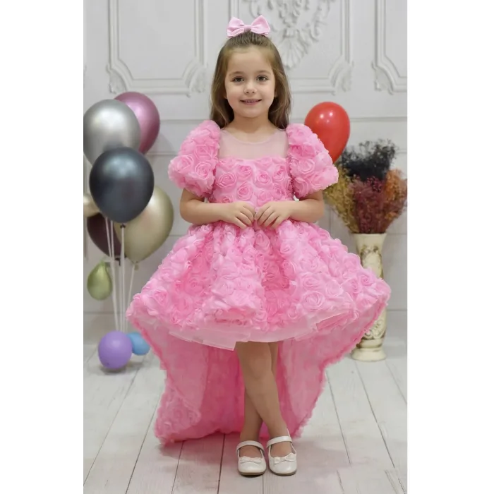 Kız Çocuk Pembe Gül Desenli Kuyruklu Kısa Kol Elbise Abiye