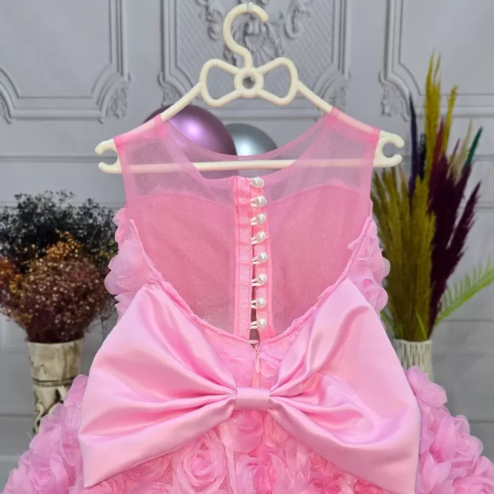 Kız Çocuk Pembe Gül Desenli Kuyruklu Sıfır Kol Elbise Abiye