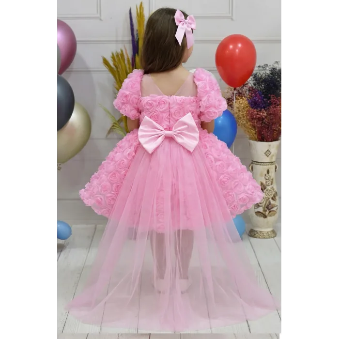 Kız Çocuk Pembe Gül Desenli Kuyruklu Kısa Kol Elbise Abiye