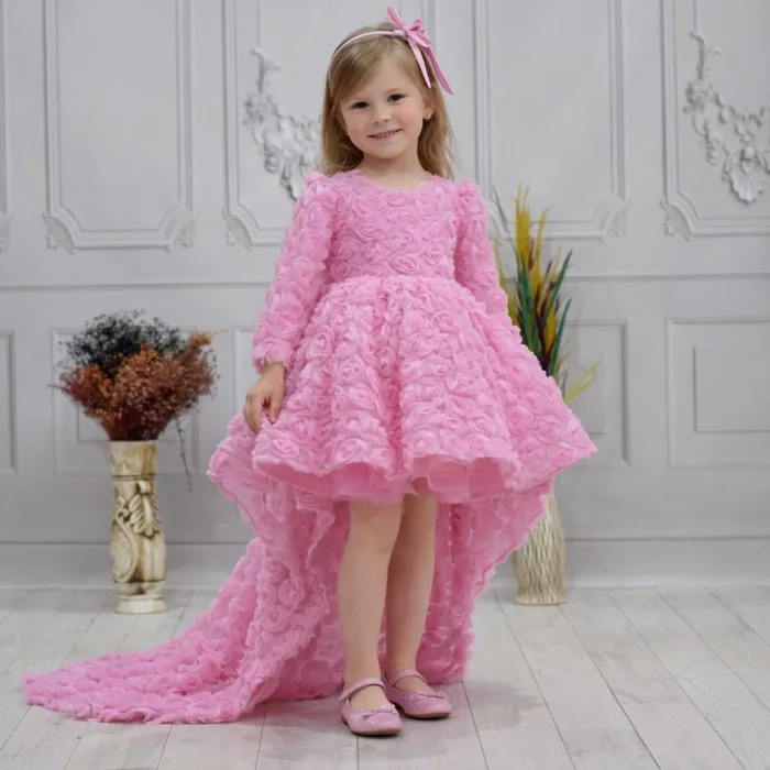 Kız Çocuk Pembe Gül Desenli Kuyruklu Uzun Kol Elbise Abiye