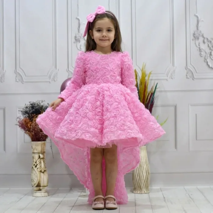 Kız Çocuk Pembe Gül Desenli Kuyruklu Uzun Kol Elbise Abiye