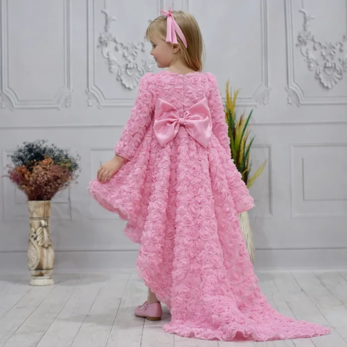 Kız Çocuk Pembe Gül Desenli Kuyruklu Uzun Kol Elbise Abiye