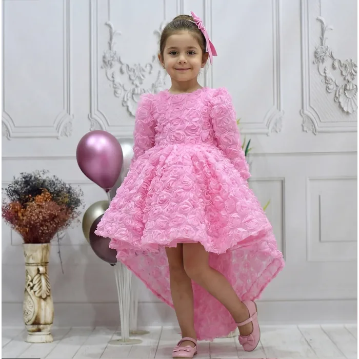 Kız Çocuk Pembe Gül Desenli Kuyruklu Uzun Kol Elbise Abiye