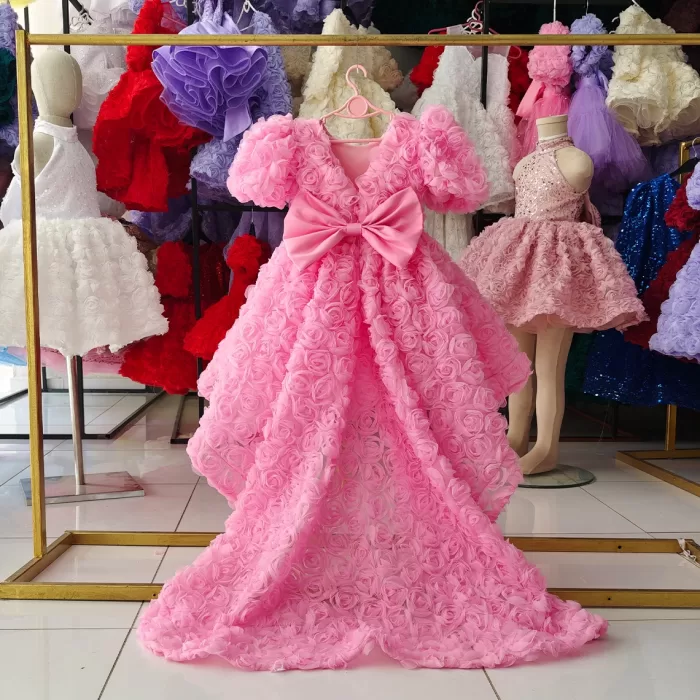 Kız Çocuk Pembe Arkası V Yaka Gül Desenli Kısa Balon Kol Elbise Abiye