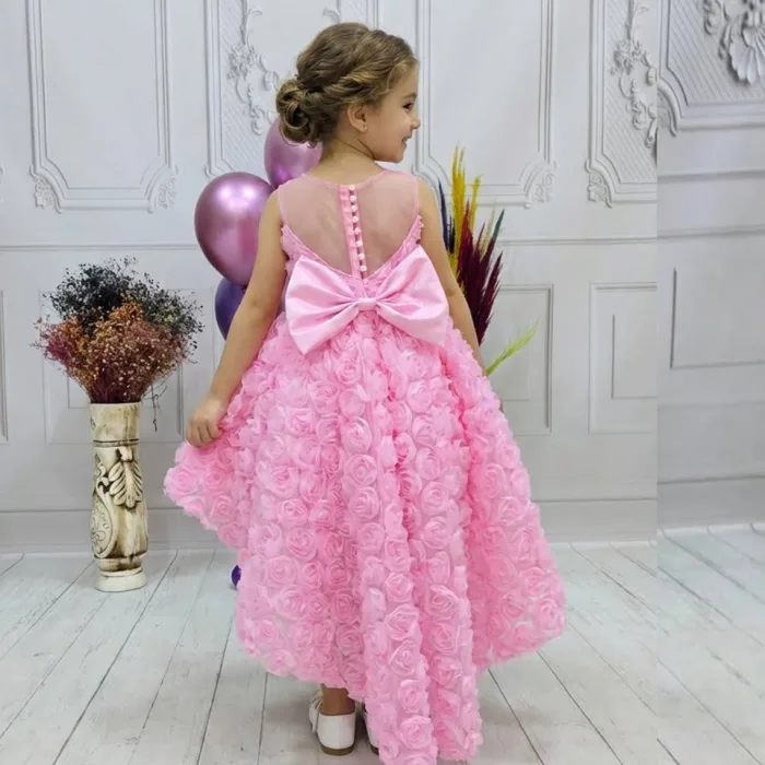 Kız Çocuk Pembe Gül Düğmeli Desenli Kuyruklu Sıfır Kol Elbise Abiye