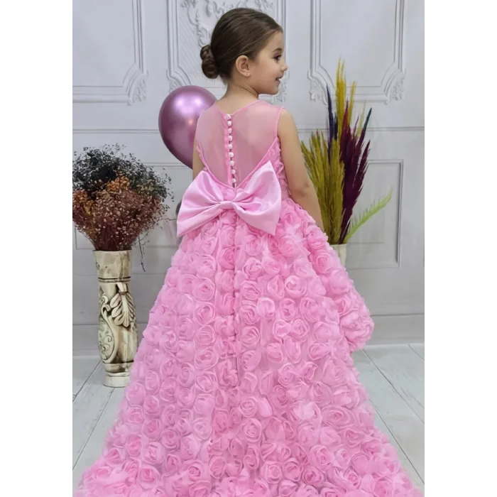 Kız Çocuk Pembe Gül Düğmeli Desenli Kuyruklu Sıfır Kol Elbise Abiye