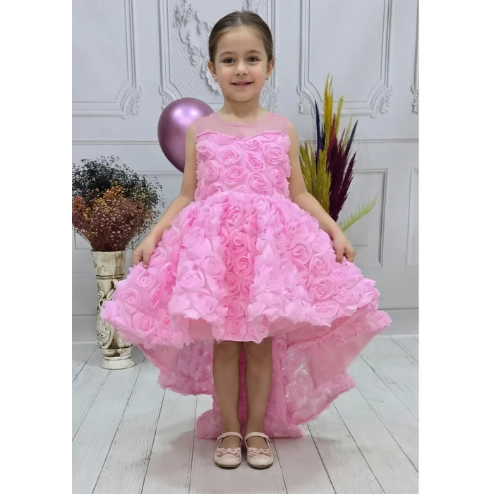 Kız Çocuk Pembe Gül Düğmeli Desenli Kuyruklu Sıfır Kol Elbise Abiye