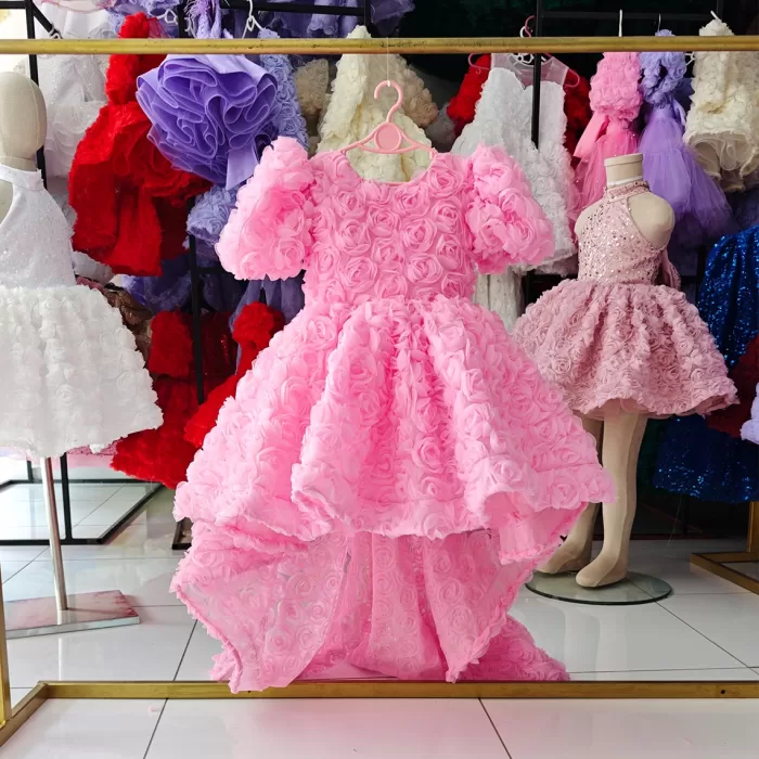 Kız Çocuk Pembe Arkası V Yaka Gül Desenli Kısa Balon Kol Elbise Abiye