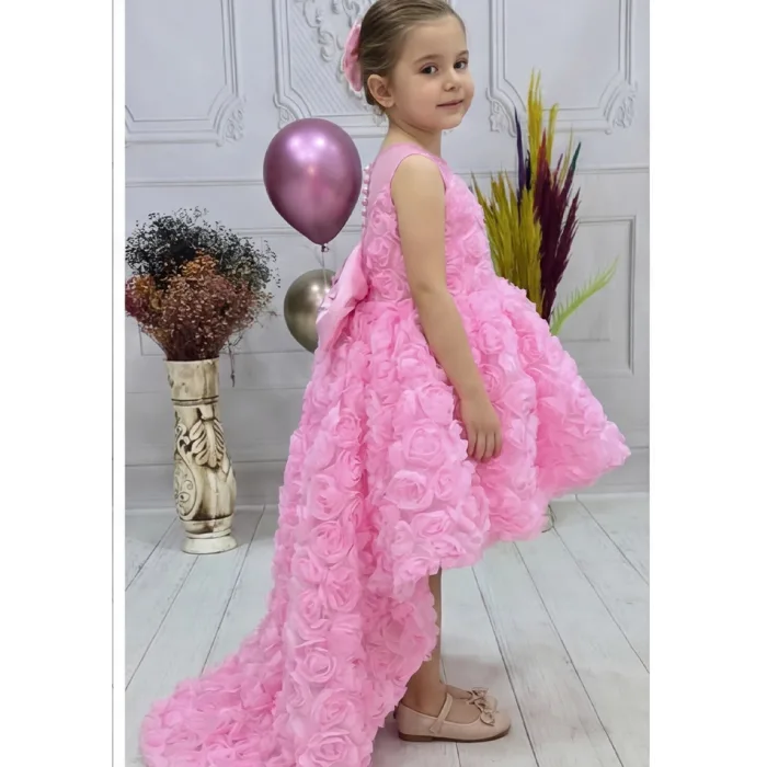 Kız Çocuk Pembe Gül Düğmeli Desenli Kuyruklu Sıfır Kol Elbise Abiye