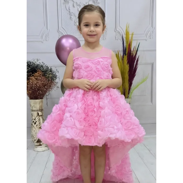 Kız Çocuk Pembe Gül Düğmeli Desenli Kuyruklu Sıfır Kol Elbise Abiye