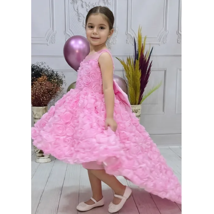 Kız Çocuk Pembe Gül Düğmeli Desenli Kuyruklu Sıfır Kol Elbise Abiye