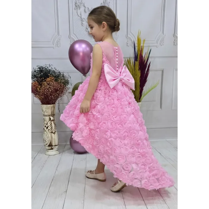 Kız Çocuk Pembe Gül Düğmeli Desenli Kuyruklu Sıfır Kol Elbise Abiye