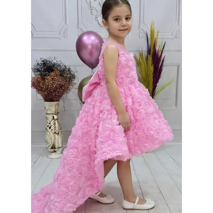 Kız Çocuk Pembe Gül Düğmeli Desenli Kuyruklu Sıfır Kol Elbise Abiye