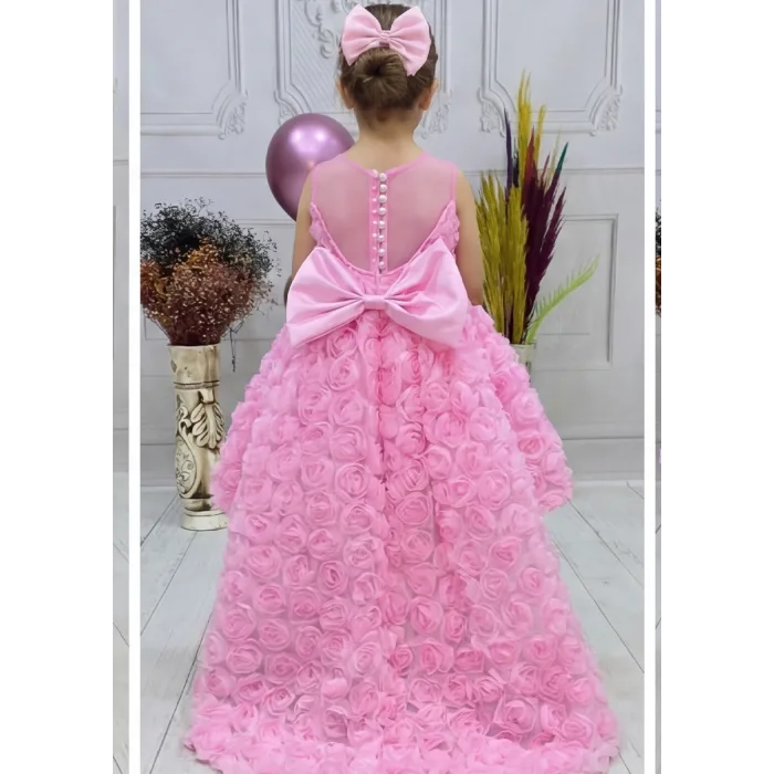 Kız Çocuk Pembe Gül Düğmeli Desenli Kuyruklu Sıfır Kol Elbise Abiye