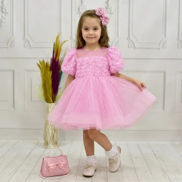 Kız Çocuk Pembe Güllü İncili Etek Detaylı Abiye Elbise