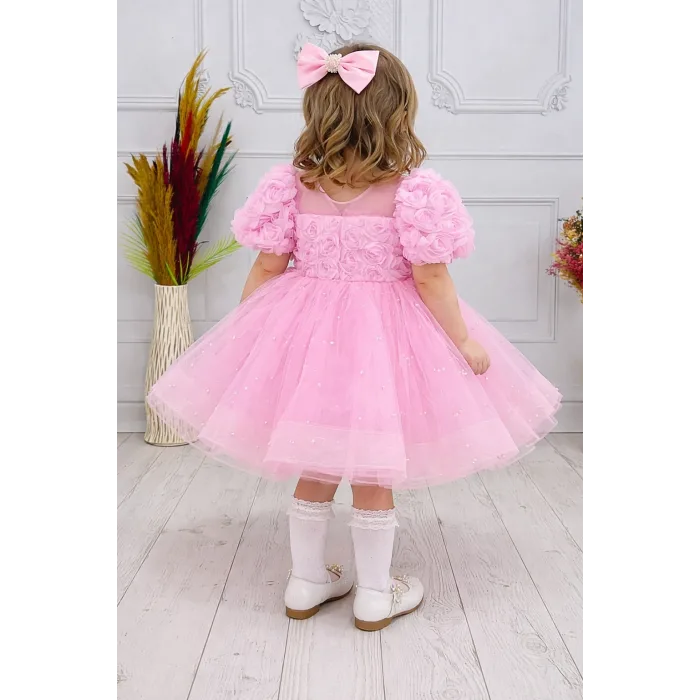 Kız Çocuk Pembe Güllü İncili Etek Detaylı Abiye Elbise